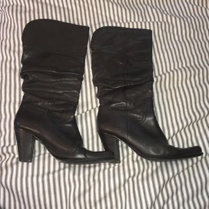 Nine West black leather heeled slouch knee high...